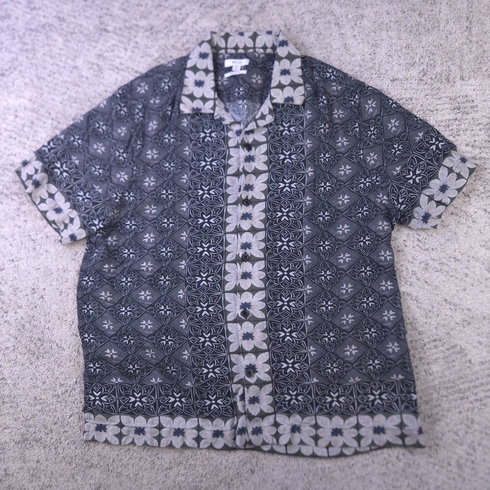 Reiss Linen Camp Shirt Mens XL Polynesian Geometric Pantain Gray Short Sleeve